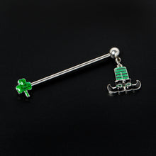 Load image into Gallery viewer, 14G Leprechaun Legs Shamrock Dangle Industrial Barbell 38mm