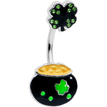 Load image into Gallery viewer, Green Gem Shamrock Pot Of Gold Black Double Mount Belly Ring