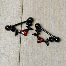Load image into Gallery viewer, 14G 11/16 Red CZ Gem Black Heart Flower Dangle Nipple Ring Set