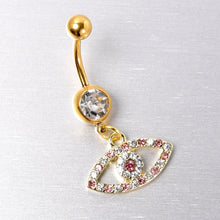 Load image into Gallery viewer, Pink Clear Gem Gold Tone Wide Eye Dangle Belly Ring