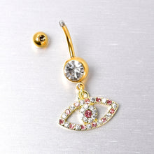 Load image into Gallery viewer, Pink Clear Gem Gold Tone Wide Eye Dangle Belly Ring