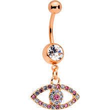 Load image into Gallery viewer, Pink Clear Gem Rose Gold Tone Wide Eye Dangle Belly Ring