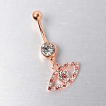 Load image into Gallery viewer, Pink Clear Gem Rose Gold Tone Wide Eye Dangle Belly Ring