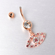 Load image into Gallery viewer, Pink Clear Gem Rose Gold Tone Wide Eye Dangle Belly Ring