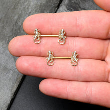 Load image into Gallery viewer, 14G 9/16 Clear Gem Gold Hue Luscious Lizard Barbell Nipple Ring Set