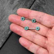 Load image into Gallery viewer, 14G 9/16 Blue Faux Opal Flower Teal Petals Barbell Nipple Ring Set