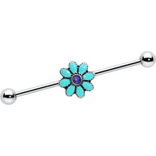 Load image into Gallery viewer, 14G Blue Faux Opal Flower Teal Petals Industrial Barbell 38mm