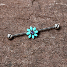 Load image into Gallery viewer, 14G Blue Faux Opal Flower Teal Petals Industrial Barbell 38mm