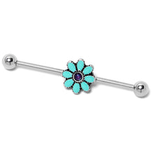 Load image into Gallery viewer, 14G Blue Faux Opal Flower Teal Petals Industrial Barbell 38mm
