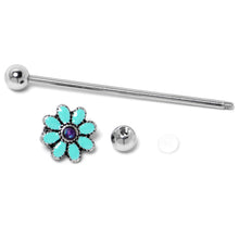 Load image into Gallery viewer, 14G Blue Faux Opal Flower Teal Petals Industrial Barbell 38mm