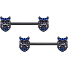 Load image into Gallery viewer, 14G 9/16 Purple Blue Gem Black Opulent Owl Barbell Nipple Ring Set