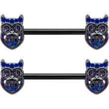 Load image into Gallery viewer, 14G 9/16 Purple Blue Gem Black Opulent Owl Barbell Nipple Ring Set