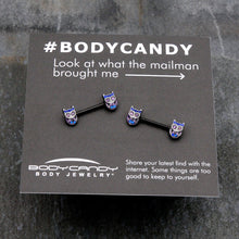 Load image into Gallery viewer, 14G 9/16 Purple Blue Gem Black Opulent Owl Barbell Nipple Ring Set