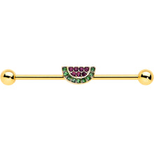 Load image into Gallery viewer, 14G Pink Green Gem Gold Hue Watermelon Yum Industrial Barbell 38mm