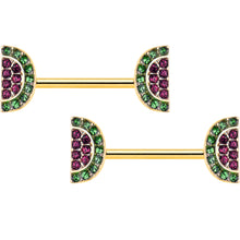 Load image into Gallery viewer, 14G 9/16 Pink Gem Gold Hue Watermelon Yum Barbell Nipple Ring Set