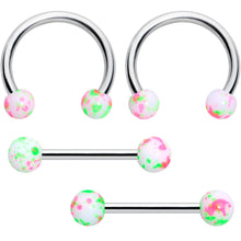 Load image into Gallery viewer, 14G 9/16 1/2 Splatter Green Pink Barbell Horseshoe Nipple Ring Set of 4
