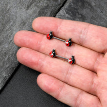 Load image into Gallery viewer, 14G 9/16 Clear Gem Ladybug Yin Yang Barbell Nipple Ring Set