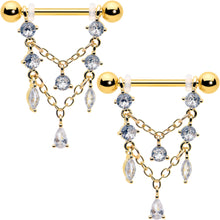 Load image into Gallery viewer, 14G 9/16 Clear Gem Gold Tone Double Chain Dangle Nipple Ring Set