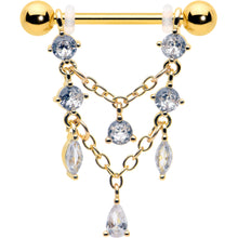 Load image into Gallery viewer, 14G 9/16 Clear Gem Gold Tone Double Chain Dangle Nipple Ring Set