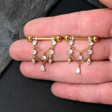 Load image into Gallery viewer, 14G 9/16 Clear Gem Gold Tone Double Chain Dangle Nipple Ring Set