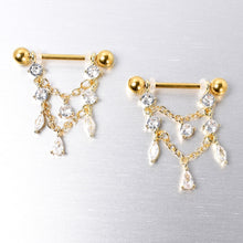 Load image into Gallery viewer, 14G 9/16 Clear Gem Gold Tone Double Chain Dangle Nipple Ring Set