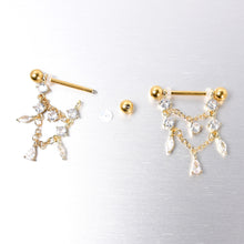 Load image into Gallery viewer, 14G 9/16 Clear Gem Gold Tone Double Chain Dangle Nipple Ring Set