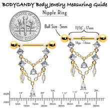 Load image into Gallery viewer, 14G 9/16 Clear Gem Gold Tone Double Chain Dangle Nipple Ring Set