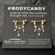 Load image into Gallery viewer, 14G 9/16 Clear Gem Gold Tone Double Chain Dangle Nipple Ring Set