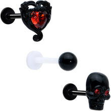 Load image into Gallery viewer, 16G 5/16 Red CZ Gem Black Skull Passion Heart Labret Tragus Curation Set of 3