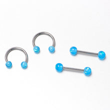 Load image into Gallery viewer, 14G 9/16 Blue Faux Opal Horseshoe Barbell Nipple Ring Set of 4