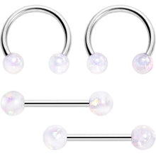Load image into Gallery viewer, 14G 9/16 White Faux Opal Horseshoe Barbell Nipple Ring Set of 4