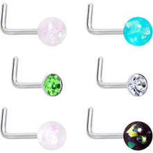 Load image into Gallery viewer, 20G 1/4 Green Gem Green Aurora Faux Opal Pack L Shape Nose Ring Set of 6