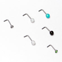 Load image into Gallery viewer, 20G 1/4 Green Gem Green Aurora Faux Opal Pack L Shape Nose Ring Set of 6
