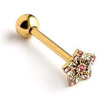 Load image into Gallery viewer, Pink Clear Gem Gold Tone Texture Star Barbell Tongue Ring