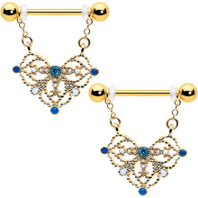 Load image into Gallery viewer, 14G 9/16 Blue Gem Gold Tone Lacy Rhombus Dangle Nipple Ring Set
