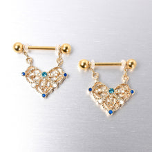 Load image into Gallery viewer, 14G 9/16 Blue Gem Gold Tone Lacy Rhombus Dangle Nipple Ring Set