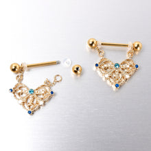 Load image into Gallery viewer, 14G 9/16 Blue Gem Gold Tone Lacy Rhombus Dangle Nipple Ring Set