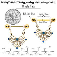 Load image into Gallery viewer, 14G 9/16 Blue Gem Gold Tone Lacy Rhombus Dangle Nipple Ring Set