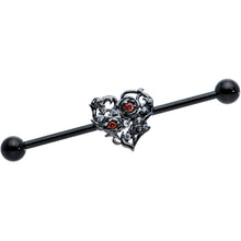 Load image into Gallery viewer, 14G Clear Red CZ Gem Black Heart Floral Industrial Barbell 38mm
