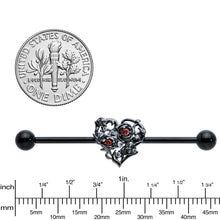 Load image into Gallery viewer, 14G Clear Red CZ Gem Black Heart Floral Industrial Barbell 38mm