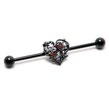Load image into Gallery viewer, 14G Clear Red CZ Gem Black Heart Floral Industrial Barbell 38mm