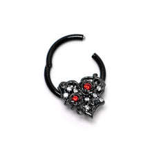 Load image into Gallery viewer, 16G 3/8 Clear Red CZ Gem Black Heart Floral Hinged Segment Ring