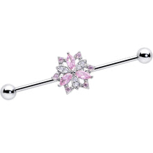 Load image into Gallery viewer, 14G Pink Clear CZ Gem Snowflake Style Industrial Barbell 38mm