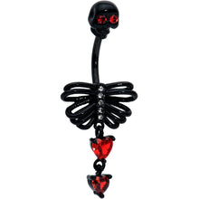 Load image into Gallery viewer, Red CZ Gem Black Skeleton Hearts Gothic Dangle Belly Ring