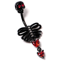 Load image into Gallery viewer, Red CZ Gem Black Skeleton Hearts Gothic Dangle Belly Ring