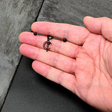 Load image into Gallery viewer, 14G Red CZ Gem Black Moon Rose Flower Dangle Project Bar 38mm