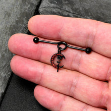 Load image into Gallery viewer, 14G Red CZ Gem Black Moon Rose Flower Dangle Project Bar 38mm