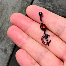 Load image into Gallery viewer, Red CZ Gem Black Moon Rose Flower Gothic Dangle Belly Ring