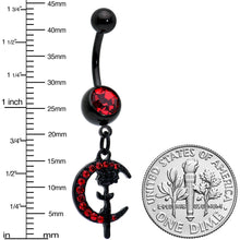 Load image into Gallery viewer, Red CZ Gem Black Moon Rose Flower Gothic Dangle Belly Ring