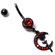 Load image into Gallery viewer, Red CZ Gem Black Moon Rose Flower Gothic Dangle Belly Ring
